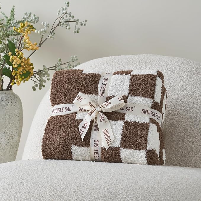 Snuggle Sac Checkered Bedding Blanket Twin Size 60x80, Super Soft Cozy Warm Knit Blankets, Reversible Breathable Lightweight Fluffy Throws for Sofa Bed, Checkered Brown, 60x80 Inches