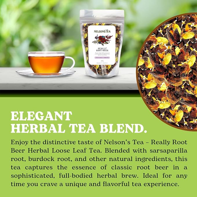Nelson's Tea Really Root Beer - Cut & Sifted Sarsaparilla Root Tea Loose Leaf - Caffeine Free, Classic Herbal Blend with Burdock, Birch Bark, Dandelion, Licorice, Ginger and More (2 oz)