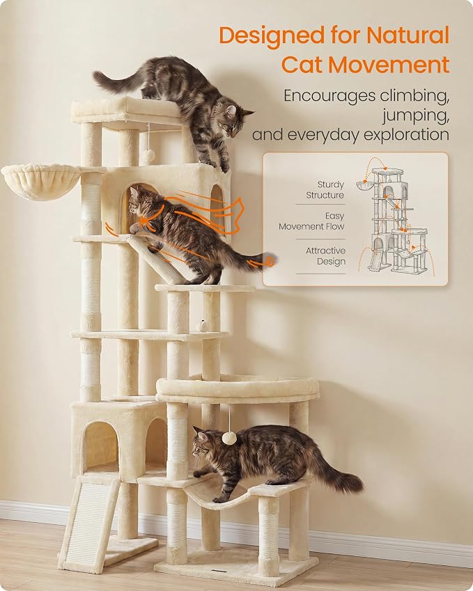 Feandrea Multi-Level Cat Tree for Large Cats, 79.5 inch Tall Cat Tower with 6 Resting Areas and Sisal Scratching Posts, 41.3 x 17.7 x 79.5 inch, Beige Clawfy Collection UPCT020Y101