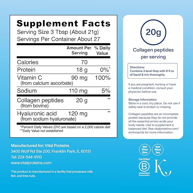 Vital Proteins Collagen Peptides Powder Advanced with Hyaluronic Acid & Vitamin C, 20oz Collagen Protein, Unflavored, 27 Servings