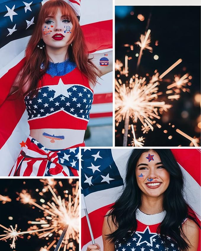 Fourth of July Decorations Tattoos, 10 Sheets 119 Styles 4th of July Temporary Tattoos for Kids Adults, Red White and Blue Party Supplies, USA Flag, Independence Day Favors, Memorial Accessories