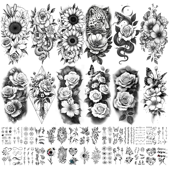 Yazhiji 92 Sheets Flower Temporary Tattoos For Women Arm Neck，Sunflower Serpent Peony Floral Rose Long Lasting Fake Tattoos For Adults Girl, Large Sexy Flowers Collection Waterproof Temporary Tattoos