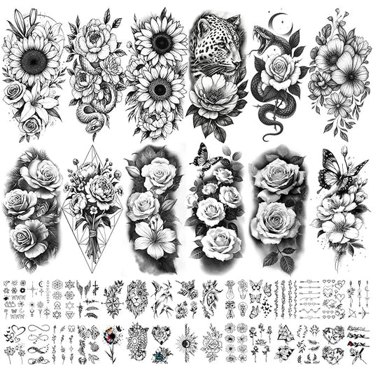 Yazhiji 92 Sheets Flower Temporary Tattoos For Women Arm Neck，Sunflower Serpent Peony Floral Rose Long Lasting Fake Tattoos For Adults Girl, Large Sexy Flowers Collection Waterproof Temporary Tattoos