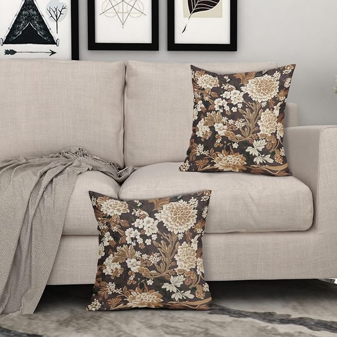 Vintage Floral Pillow Covers 16X16 Inch Set of 2 Boho White Flower Leaves Botanical Decorative Square Pillow Cases Brown Rustic Bohemian Cushion Case Farmhouse Home Decor for Sofa Couch