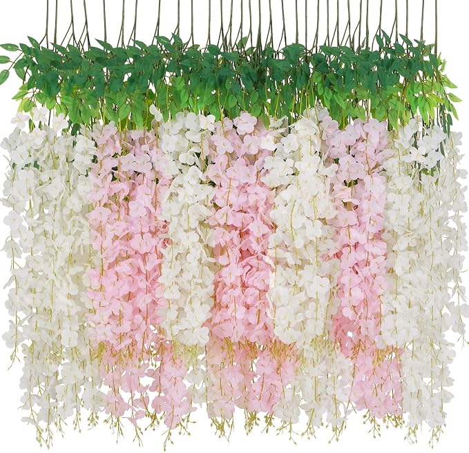 24 Pack Wisteria Hanging Flowers, 3.6 Feet/Pcs White Pink Artificial Flowers, Fake Wisteria Flowers Garland Vines for Bedroom Wedding Home Party Wall Decoration