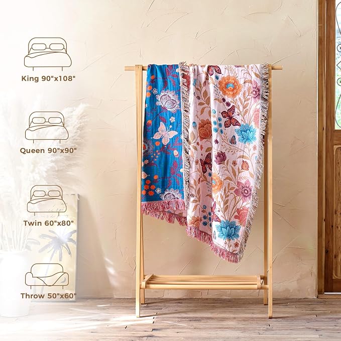 LUTBM Boho Throw Blanket for Couch 50"x60", Cotton Decorative Bed Throw | Reversible Floral Butterfly Jacquard, All-Season Muslin Blanket, Lightweight Throws, For Chair Sofa Bedroom Living Room Decor