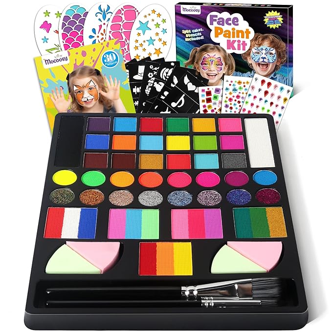 Mocoosy 41 Color Face Painting Kit for Kids, Non-Toxic Water Activated Face Paint Palette With Stencils, Brushes, Gems, Professional Body Makeup Kit for Cosplay Parties, Birthdays, Carnival, Christmas