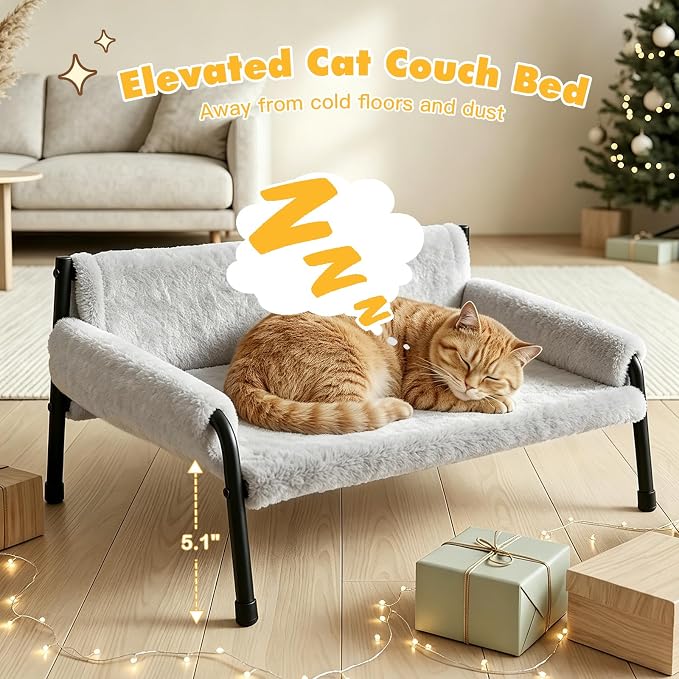 Pawaboo Elevated Cat Couch Bed for Indoor Cats, Sturdy Metal Frame Cat Sofa | Cat Bed Furniture with Removable Washable Cover, Reclined Backrest, Fluffy Raised Pet Sofa Kitten Hammock Chair Home, Gray