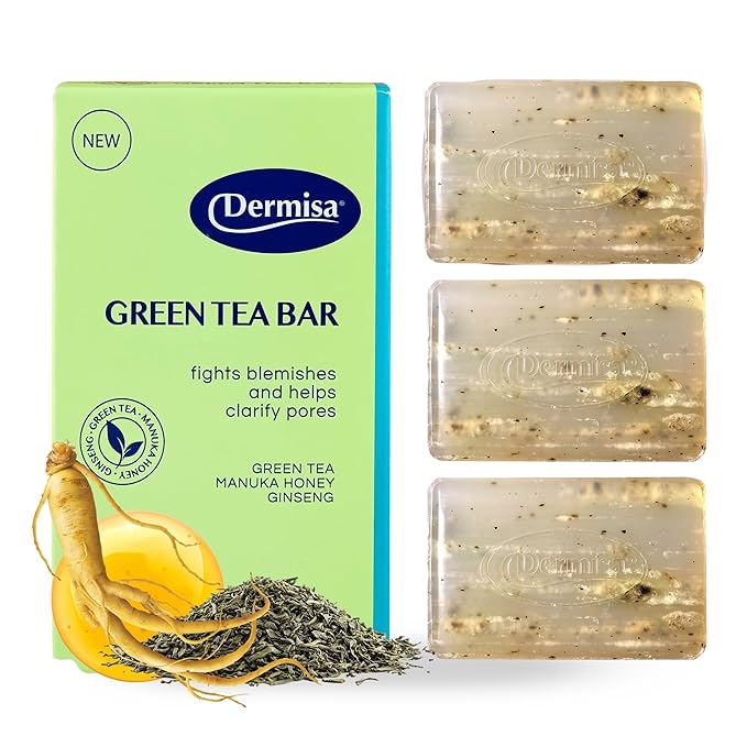 Dermisa Green Tea Bar with Manuka Honey and Ginseng, Gently Exfoliating Antioxidant Soap for Acne-Prone Skin and Daily Cleansing, 3.0 Oz, Pack of 3