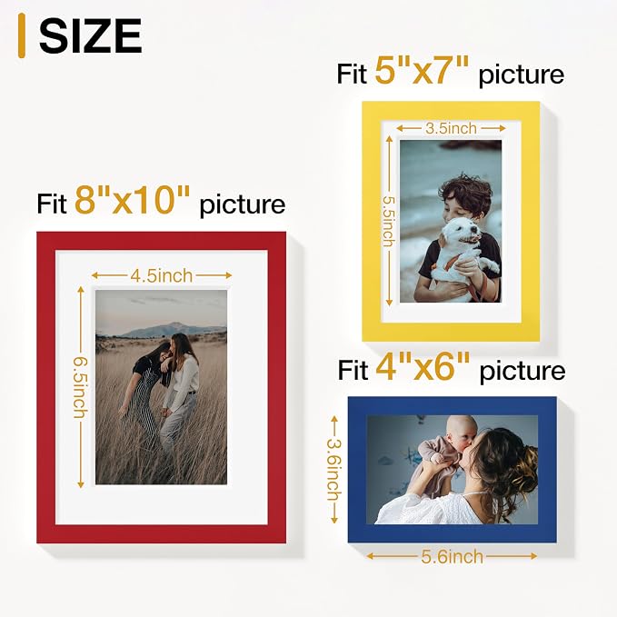 Vittanly 15 Pack Gallery Wall Frame Set, Red, Yellow, Blue | Picture Frames Collage Wall Decor: 3pcs 8x10, 6pcs 5x7, 6pcs 4x6. Picture Frame Set for Wall or Tabletop Display