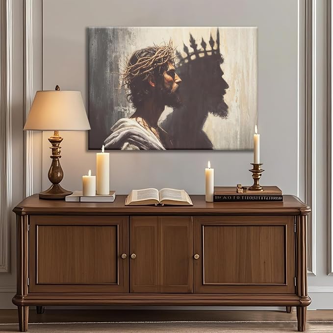Framed Jesus is the King Christian Wall Art, Jesus and Crown Canvas Wall Decor Christ Biblical Pictures Painting Prints Religious Room Decor for Church Prayer Room Schools Hospitals 12" x 16"