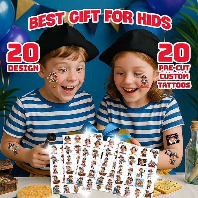 Custom Pirate Temporary Tattoos for Kids - Personalized Pre-Cut Face Photo Tattoos - Fun Birthday Party Favors for Boys, Pirate Fans - Set of 20 Unique Celebration Gifts