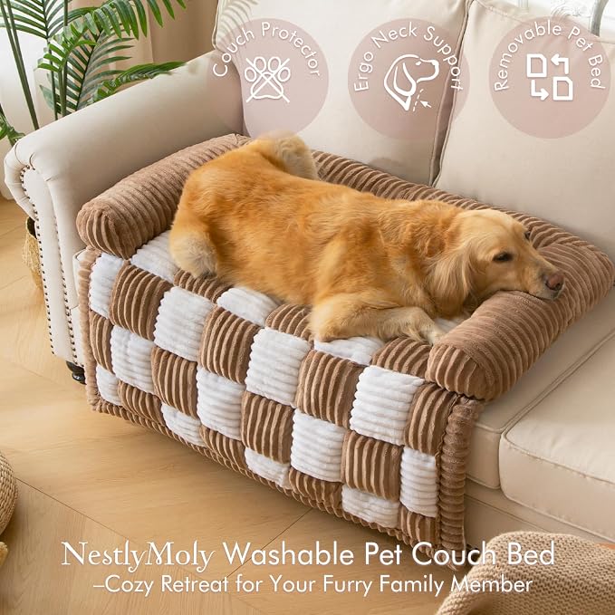 Dog Bed for Couch with Bolster, Comfy Couch Cover for Dogs Washable, Non-Slip Plush Furniture Protector, Calming Fuzzy Lounge Mat, Pet Sofa Accessories (Brown, Medium)