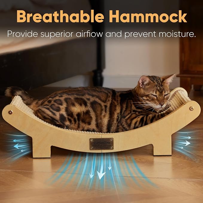 FUKUMARU Sisal Cat Scratcher Bed, Solid Wood Cat Hammock for Indoor Cats | 23.6 Inch Durable Scratching Bed, Large Cat Scratch Pad, Natural Sisal Hammock, Cat Lounger Scratcher for Sleeping (Wood)