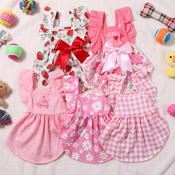 Abbylike 5 Pcs Girl Dog Dresses, Pink Summer Pet Clothes, XXL Size | Floral Strawberry Daisy Princess Bowknot Plaid, Cute Breathable Soft Skirts Outfits, for Large Cats Female, 13.2 to 16.5 Lbs