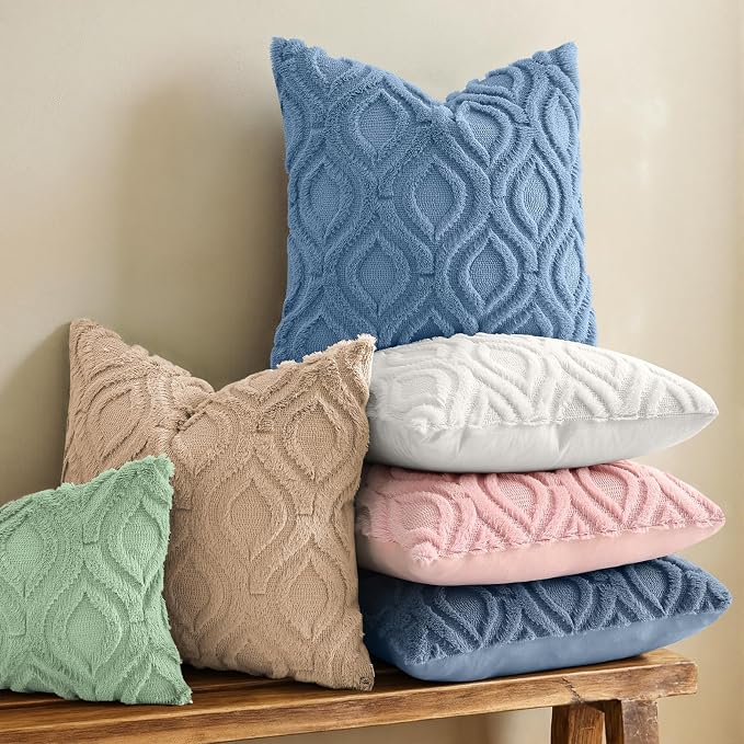 decorUhome Faux Fur Soft Dusty Blue Throw Pillow Covers 18x18 Set of 2 | Plush Solid Fall Couch Pillow Covers, Accent Modern Farmhouse Neutral Decorative Square Pillow Cases for Sofa Bed Living Room