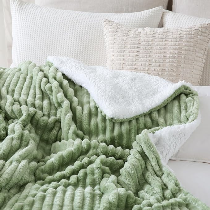 Sage Green Sherpa Fleece Throw Blanket 50”×60” for Couch Sofa Bed | Double Side Soft Fuzzy Cozy Plush Thick Flannel Blanket with Striped Design Gift for Adults,Woman