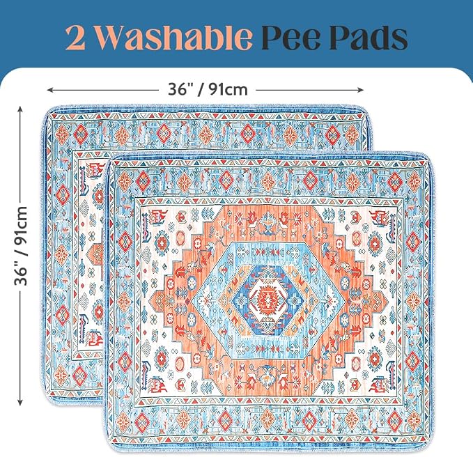 Washable Pee Pads for Dogs, 2 Pack Reusable Puppy Training Pads 36"x36" Super Absorbent Waterproof Dog Training Pads, Non-Slip Potty Pads, Whelping Pads Litter Mat Orange/Mix