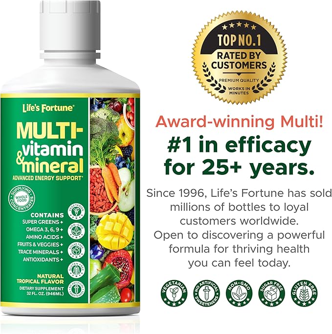 Life's Fortune Liquid Multivitamin for Adults Men & Women, Teens – High Absorption Daily Vitamins – Trace Minerals, Amino Acids, Biotin, L-Arginine, – Tropical Flavor, Sugar Free, 32 oz (Pack of 2)