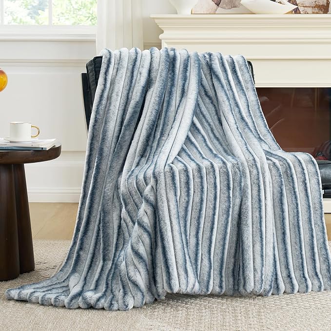 Cozy Bliss Faux Fur Throw Blanket for Couch, Cozy Warm Plush Striped Blanket for Sofa Bedroom Living Room, 50 * 60 Inches Blue