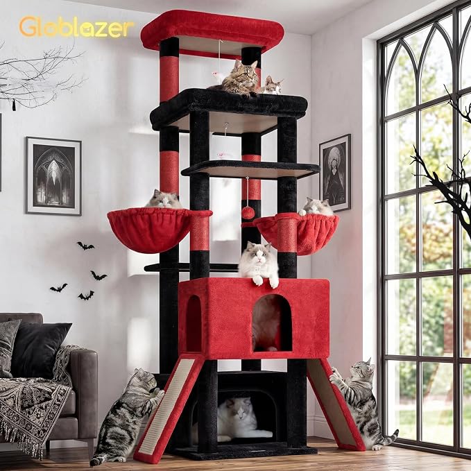 Globlazer Heavy Duty Cat Tree 78 inch Sturdy Gothic Cat Tower for 20lbs Large Adult Cats, Symmetrical Aesthetic Big Goth Cat Tree with Extra Large Platform, 2 Scratching Boards, Z78, Black Red