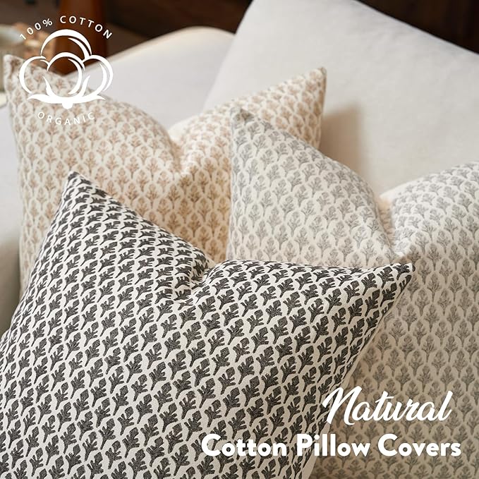 FIOUOVO Floral Pillow Covers 20x20 Pillow Cover Block Print Couch Pillows for Living Room Decorative Neutral Accent Throw Pillow Covers, 1PC, Charcoal Black