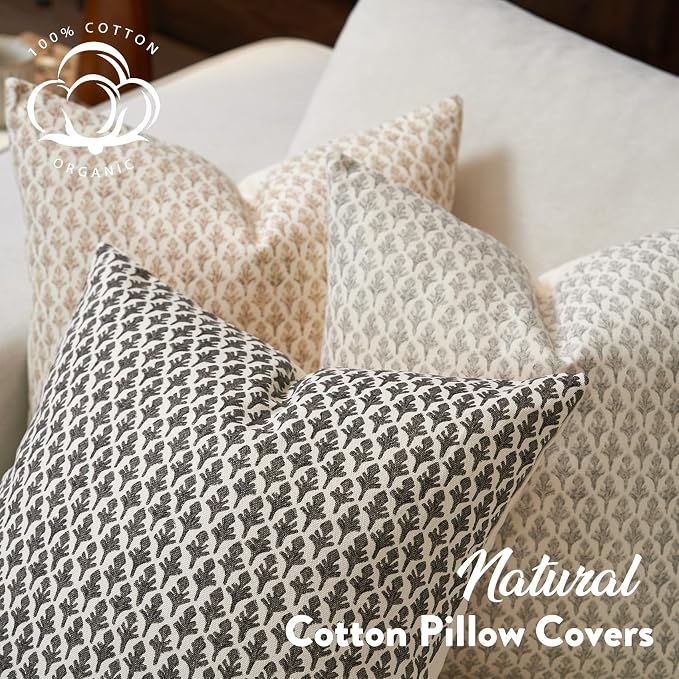FIOUOVO Floral Pillow Covers 18x18 Pillow Cover Block Print Couch Pillows for Living Room Decorative Neutral Accent Throw Pillow Covers, 1PC, Charcoal Black