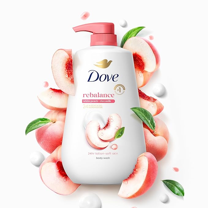 Dove Body Wash Rebalance White Peach & Rice Milk For 24hr Lotion-Soft Skin Moisturizing Skin Cleanser with No Sulfates No Parabens 30.6 oz (Pack of 3)