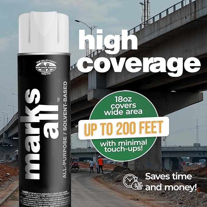 Fox Valley 18oz Marks All Solvent-Based Marking Paint Spray, 12-Pack White – Long-Lasting, Weather-Resistant Spray Paint for Wet or Dry Surfaces Like Metal, Grass, Concrete, Wood, & More