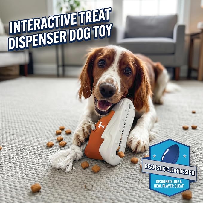 NCAA Tennessee Volunteers Cleat Sneaker Spike Dog Toy, Treat Dispenser Chew Toy for Dogs, Interactive Rope Tug Toy, Slow Feeder Natural Rubber Dog Toy with Official Team Logo for Puppies & Adult Dogs