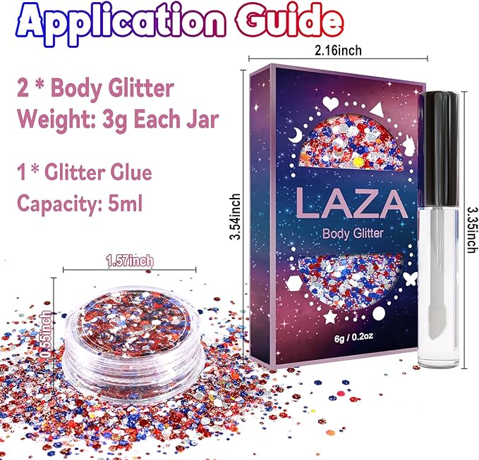 Laza Independence Day Body Glitter, 2 Jars Olympic Red Blue White Chunky Sequins with Glue Women 4th of July Face Paint Festival Rave Outfit Hair Accessories Party Costumes-Independence Parade