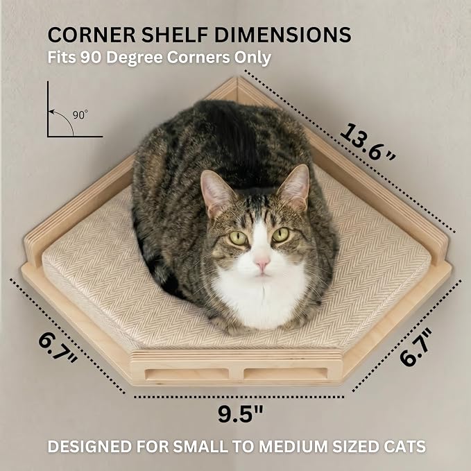 INICIO Cat Wall Shelves - Corner Shelf with Cushion and 3 Cat Wall Steps | Sturdy Cat Shelves for Wall - Stairs & Perch for Indoor Cats up to 15lbs - Natural Birch Wood for Safe Climbing and Playing