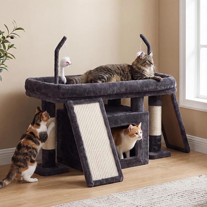 Heybly Cat Tree Extra-Long & Stable 2 Adjustable Scratch Boards HCT210SG | Easy-Climb Cat Tower with Dual-Leg Floor Condo, Sturdy Cat Furniture with Extra Wide Platform & Interactive Toys, Smoky Gray
