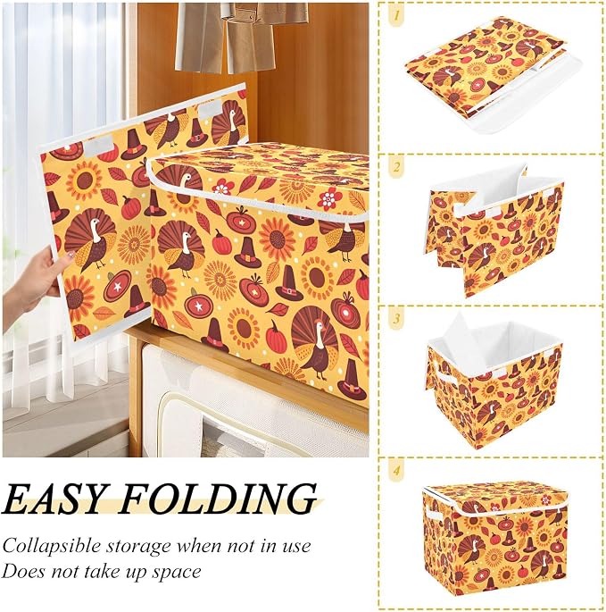 Thanksgiving Sunflower Turkey Storage Bins with Lids and Carrying Handle,Foldable Storage Boxes Organizer Containers Baskets Cube with Cover for Home Bedroom Closet Office