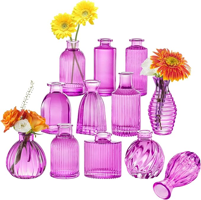 12PCS Hot Pink Vase Small Colored Flower Bud Vases | Glass Bud Vase in Bulk Pink Vases for Centerpieces Vintage Colored Glass Bottles for Home Office Decor
