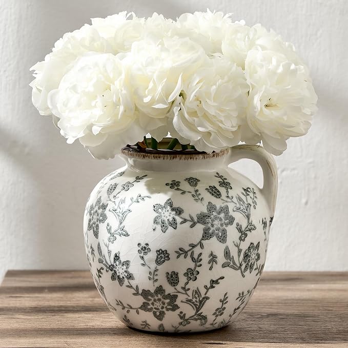 5.39 Inch Vintage Gray Chinoiserie Floral Vase, Antique Rustic Ceramic Vase for Home Decor, Living Room, Bookshelf, Office, Entryway, Garden, Chinoiserie Decor, Tuscan Decor