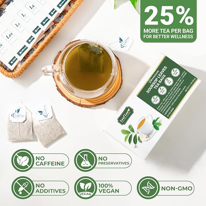 LeafLea 40 Premium Soursop Leaf Tea Bags, Pure & Natural Sour Sop Leaves, Graviola Leaves Tea, Hoja Guanabana Tea, Digestion Support Herbal Tea Bags, Nutrient-Rich, No Sugar, No Caffeine
