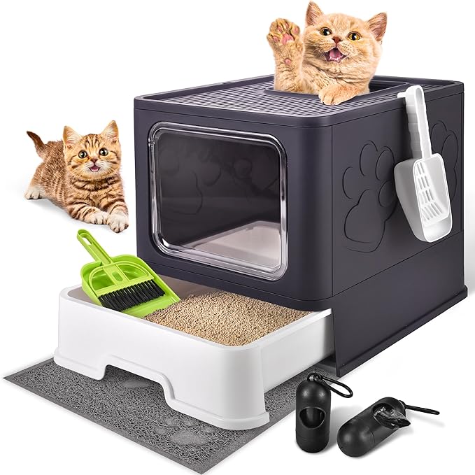 Covered Cat Litter Box, Extra Large Drawer Design with Dual Entry, Purple | 13L litter capacity, adjustable door, leakproof structure, cleaning accessories, complimentary cat litter mat