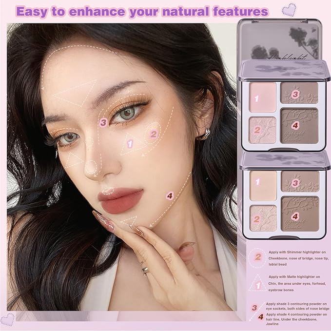 Face Highlighter Contour Shading Palette Sculpting Long-lasting Shimmer Pressed Powder Smooth Matte Finish Makeup for Warm Fair Toned Skin with Mirror