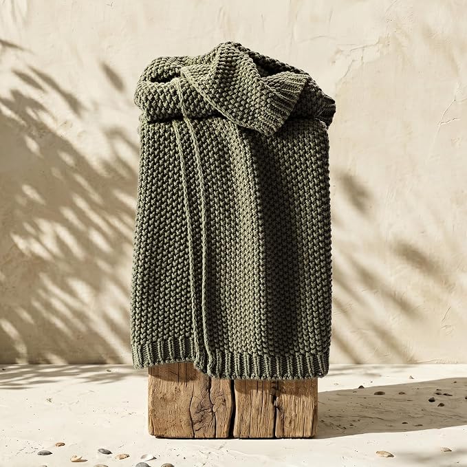 Organic Cotton Chunky Knit Throw Blanket, 60 x 80 Olive Green | OCS Certified Organic Cotton, Seed Stitch Knit, Soft & Breathable, Cozy Midweight, Decorative Throw for Couch, Bed & Sofa