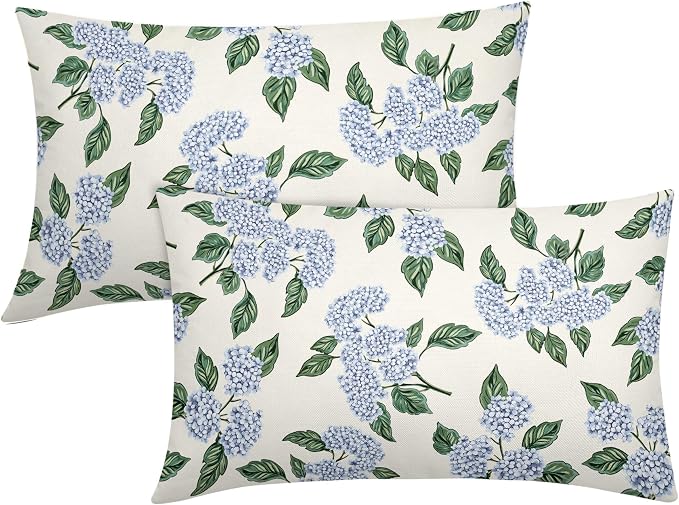 Square Blue Hydrangea Flower Pillow Covers 12x20 Inch Set of 2 Spring Blue Floral Cornflower Throw Pillow Cases Outdoor Linen Square Cushion Cover Farmhouse Decor for Bedroom Home Sofa Couch Bed