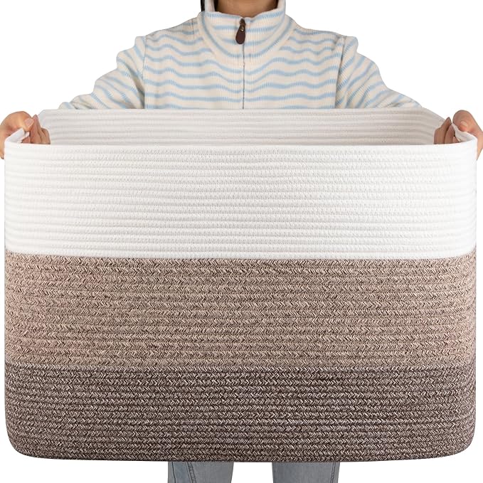 OIAHOMY 108L Large Cotton Rope Basket, Rectangle Woven Baskets for Storage, Nursery Blanket Storage Living Room, Toy Basket with Handle-25”x16”x16”-Gradient Dark Brown