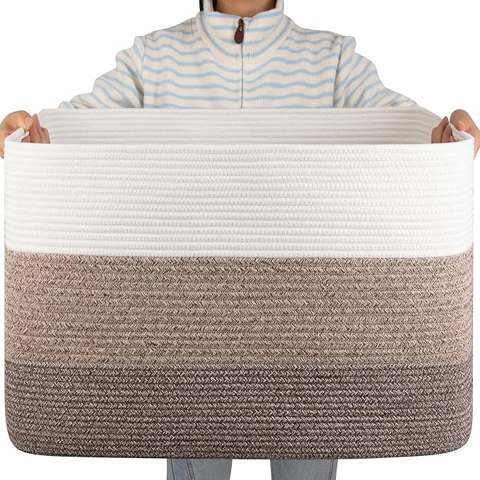 OIAHOMY 108L Super Large Blanket Basket, 25”x16”x16”(108L) Rectangle Woven Baskets for Storage, Cotton Rope Basket For Living Room, Toy Storage with Handle- Gradient Dark Brown