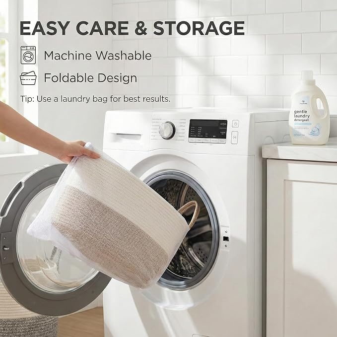 JMvicyroam 115L Extra Large Machine Washable Cotton Rope Blanket Basket | Collapsible laundry hamper, Reinforced handles, For blankets, pillows, toys and clothes, Living room and bedroom, White&Brown