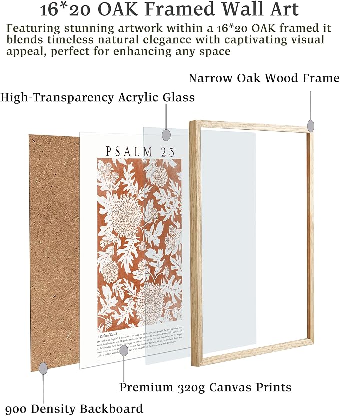 EcoHest 16x20 in Psalm 23 Orange Floral Botanical Framed Christian Wall Art | Solid Oak Wood Frame with Canvas Wall Art, Scripture Bible Verse Wall Decor for Bedroom, Living Room, Office, Church, 1Pack