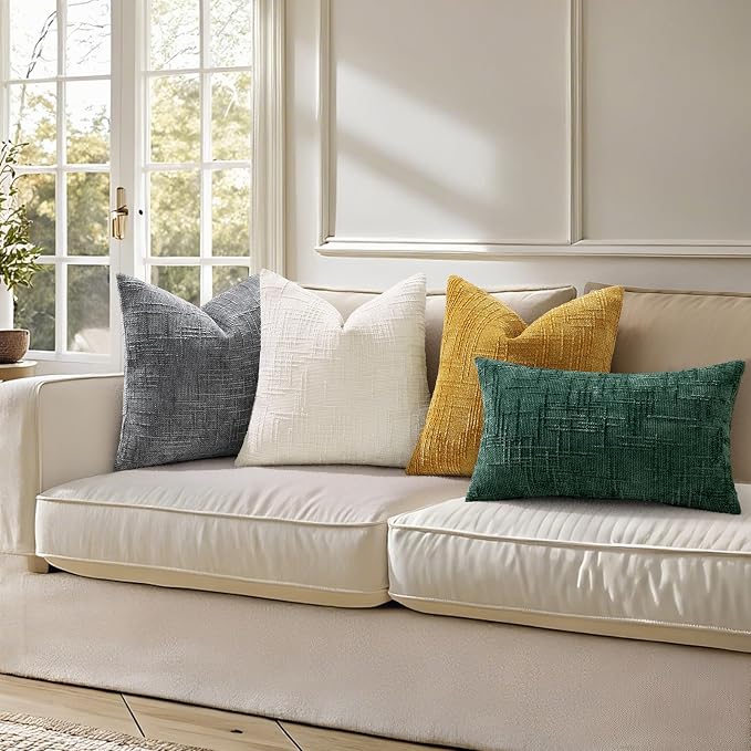 decorUhome Textured Chenille Throw Pillow Covers 26x26 Set of 2 Green | Fall Modern Farmhouse Soft Cozy Slubby Couch Pillow Cases Boho Decorative Pillow Cases for Bed Sofa Living Room Home Decor