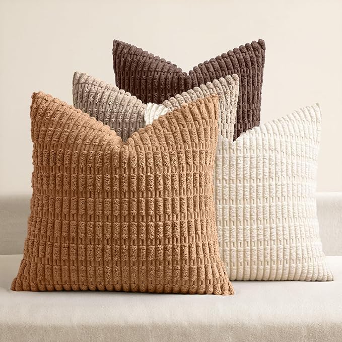 MIULEE Pack of 4 Corduroy Decorative Throw Pillow Covers 18x18 Inch Brown | Neutral Rustic Farmhouse Boho Soft Striped Pillow Covers,Home Decor for Sofa,Living Room,Couch,Bed