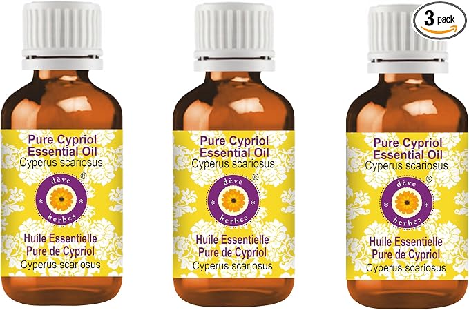 Deve Herbes Pure Cypriol Essential Oil (Cyperus scariosus) Steam Distilled (Pack of Three) 100ml X 3 (10 oz)
