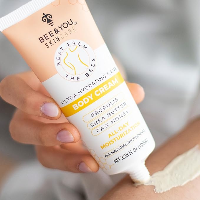 BEE and YOU Ultra Hydrating Body Cream Moisturizer, Shea Butter, Argan Oil, Vitamin B5, Raw Honey and Propolis Extract, 100% Natural, Fast Absorbing Skin Care, 3.38 fl. Oz