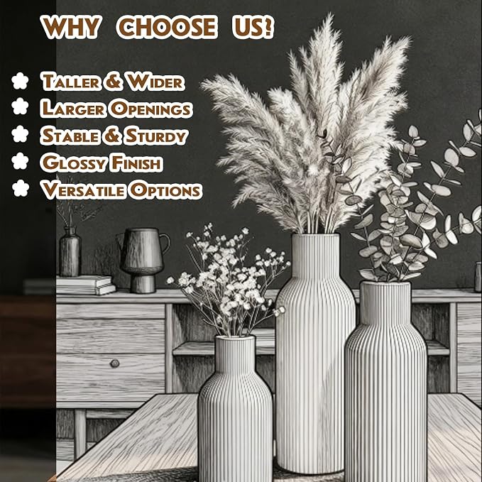 Colorful Ceramic Vases Set of 3, Smooth Round Vertical Ribbed,Minimalist for Pampas Dried & Fresh Flowers, Centerpiece for Living Room, Shelf, Entryway, Wedding(Pink, Blue, Orange)